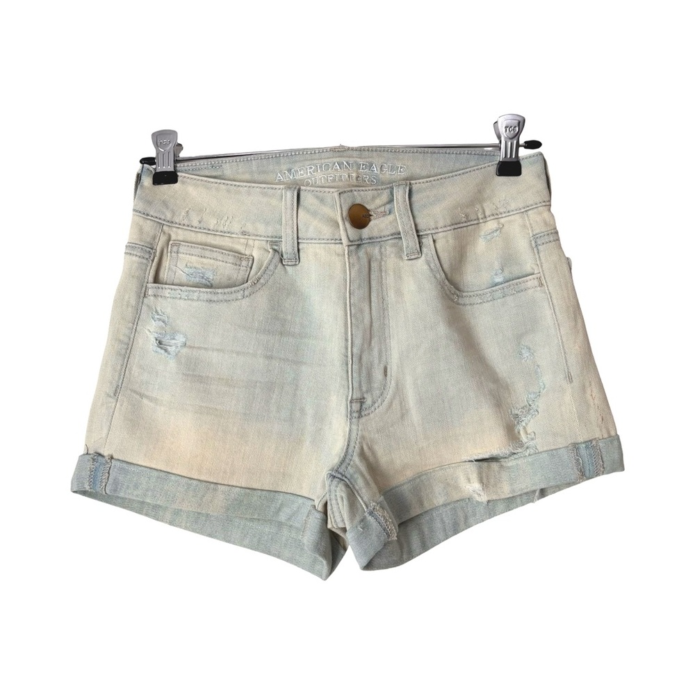 High-Rise Shortie AEO denim shorts in light wash, distressed